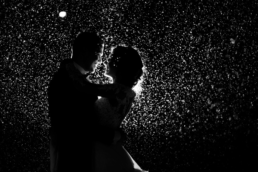 Bride and Groom in black and white wedding photo