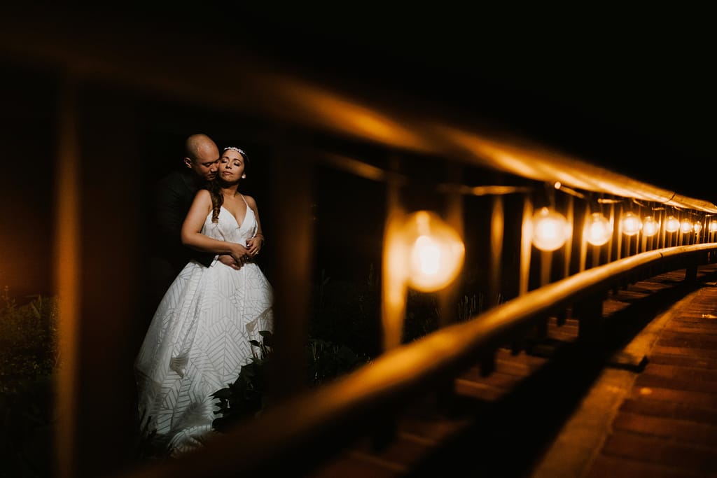 dramatically lit portrait of a bride and groom